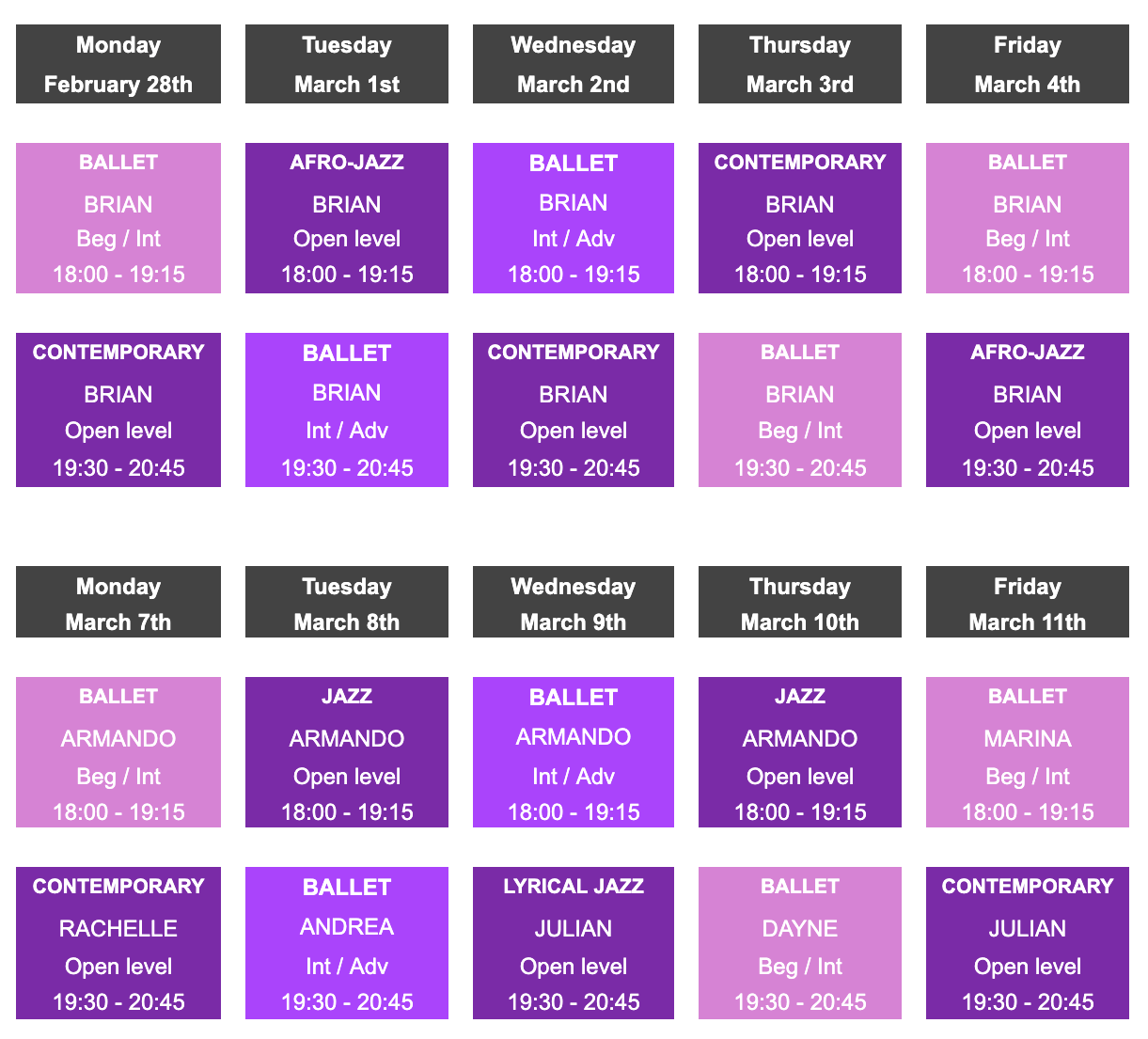 Fasnacht Workshop Schedule